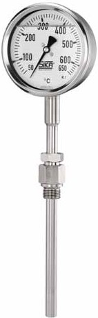 Sika Diesel Engine Dial Thermometer, gas-filled system, Type 8312, crimped-on ring case, stainless steel, nominal size 80mm, filled with silicone oil, display range +50...+650°C, bottom connection, L=345xØ12mm, L1=300mm, stainless steel, G3/4" thread, adjustable compression fitting male, steel